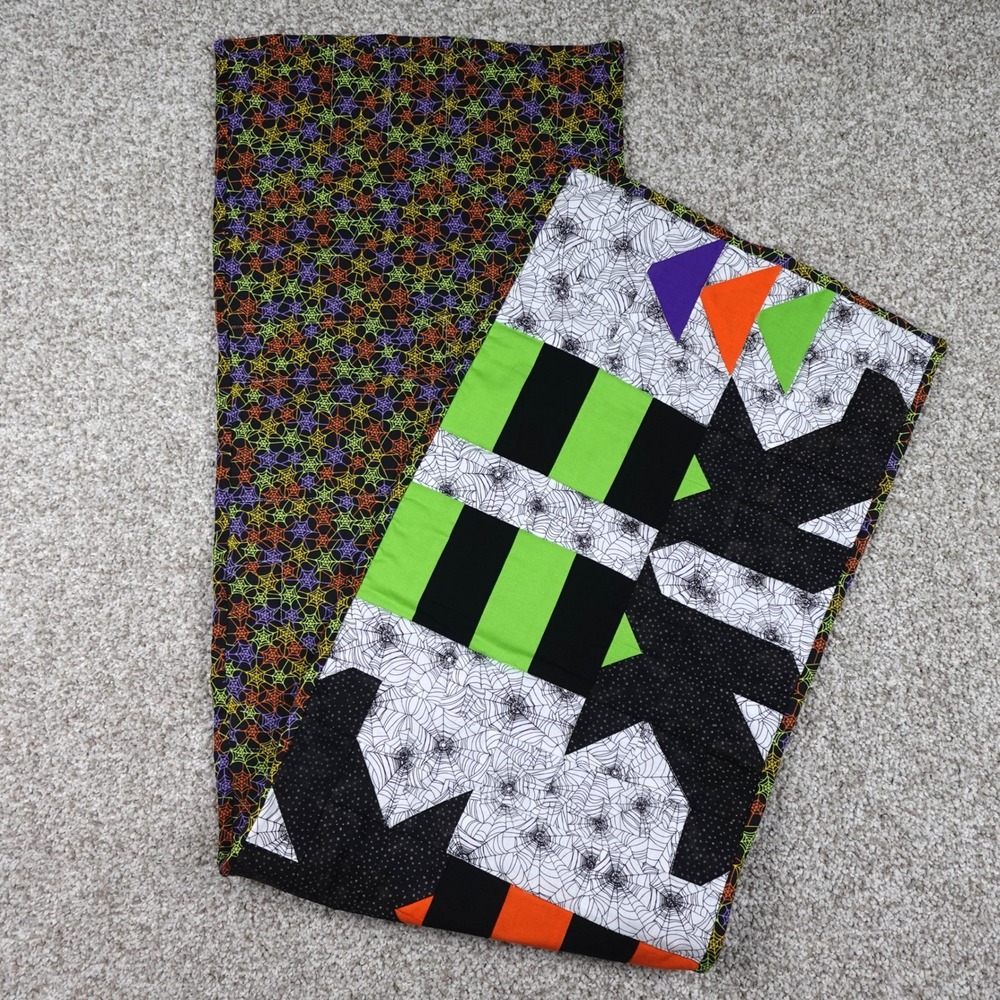 Handmade Halloween Quilted Table Runner Spiderweb Patchwork Orange Green 51x13